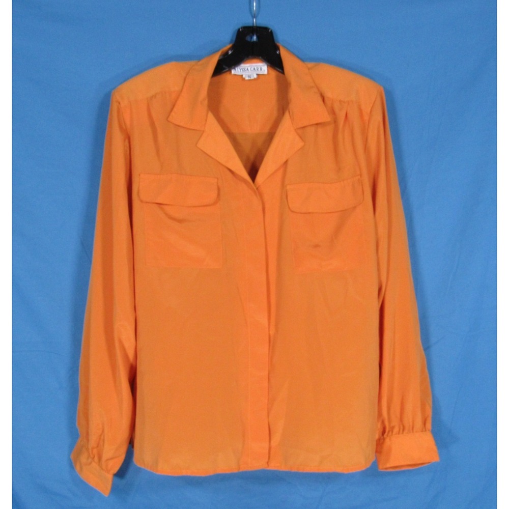 VTG ALYSSA CARR Golden Mustard SATIN Button-Up 2-POCKETS Dressy BLOUSE/TOP Sz 14